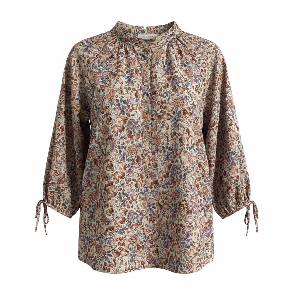 Vintage 1960s Orbit Button Down Blouse 14 Fruit Print mandarin Neck Bow Sleeve